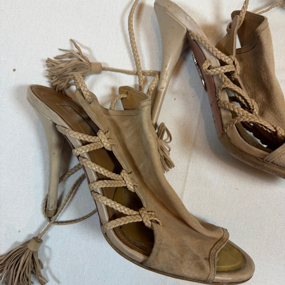 Aquazzura Firenze Lace Up Heels Tassel Suede Beige Sandals - Size 37.5 - Picture 3 of 7